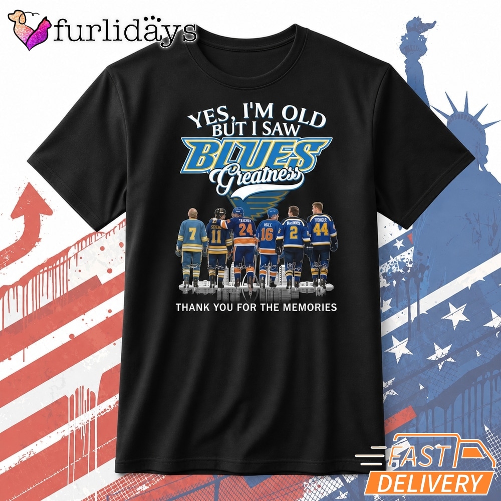 St. Louis Blues Legends “Yes I’m Old But I Saw” Memories T Shirt DI Chuyen Hinh Anh IN Tren Mat Truoc Sang Mockup AO Mau Lay Ung Background Mau Thiet KE