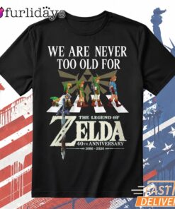 The Legend of Zelda We Are Never Too Old For Zelda T Shirt DI Chuyen Hinh Anh IN Tren Mat Truoc Sang Mockup AO Mau Lay Ung Background Mau Thiet KE