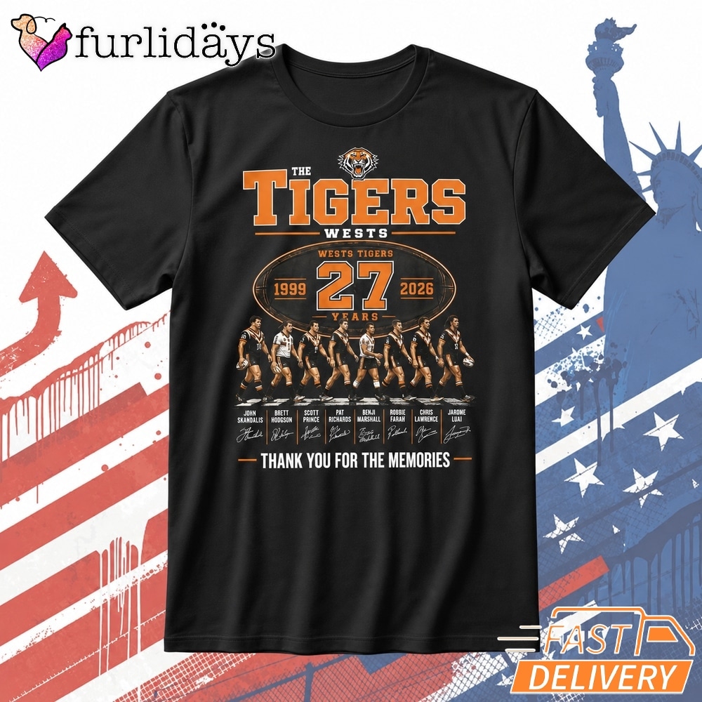 Wests Tigers 27th Anniversary T Shirt – Thank You for the Memories Rugby Tee DI Chuyen Hinh Anh IN Tren Mat Truoc Sang Mockup AO Mau Lay Ung Background Mau Thiet KE